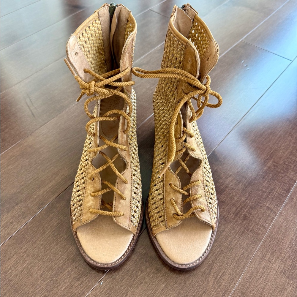 Stylish Tan Woven Lace-Up Ankle Boots